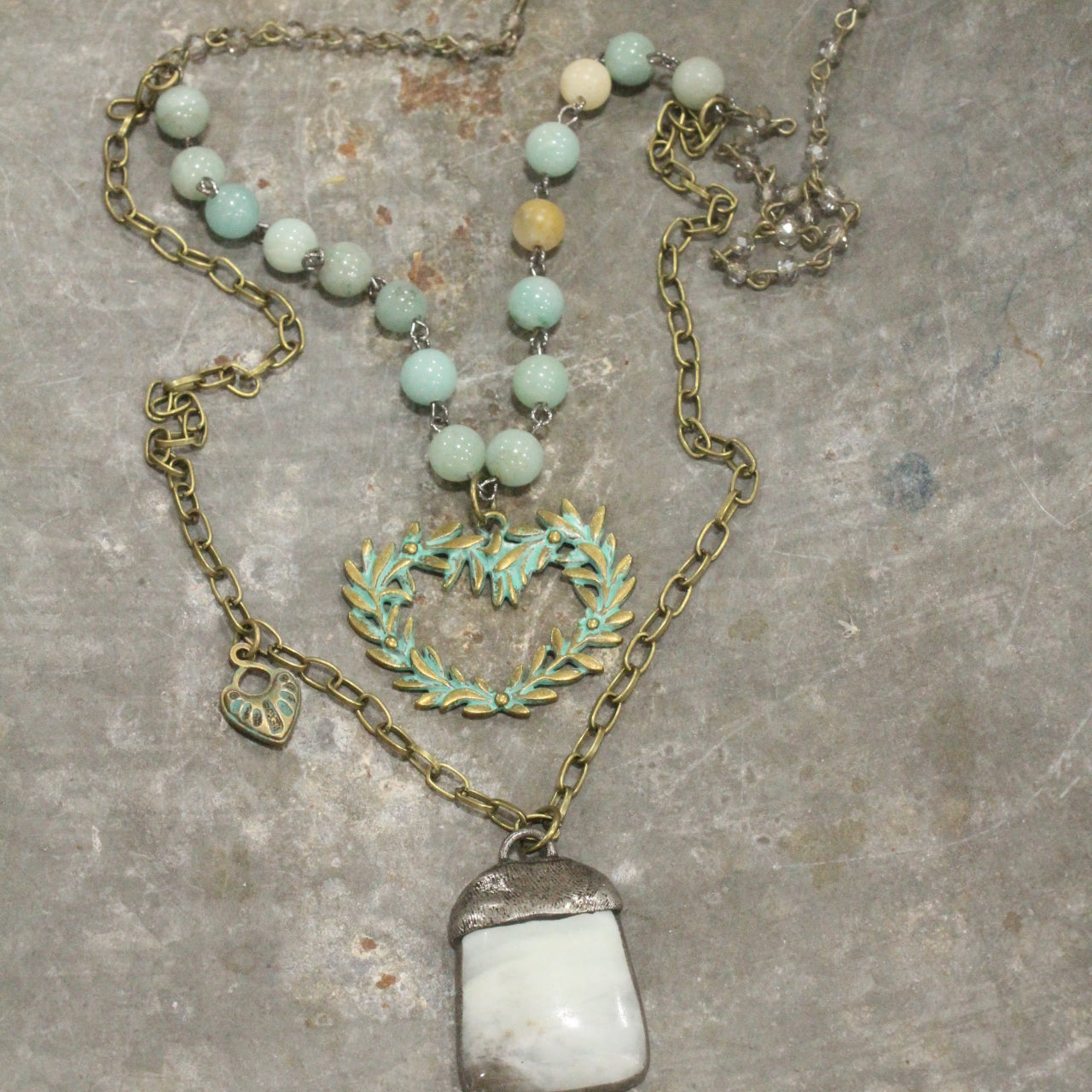 Verdigris Heart Branch Amazonite Double Layer Necklace