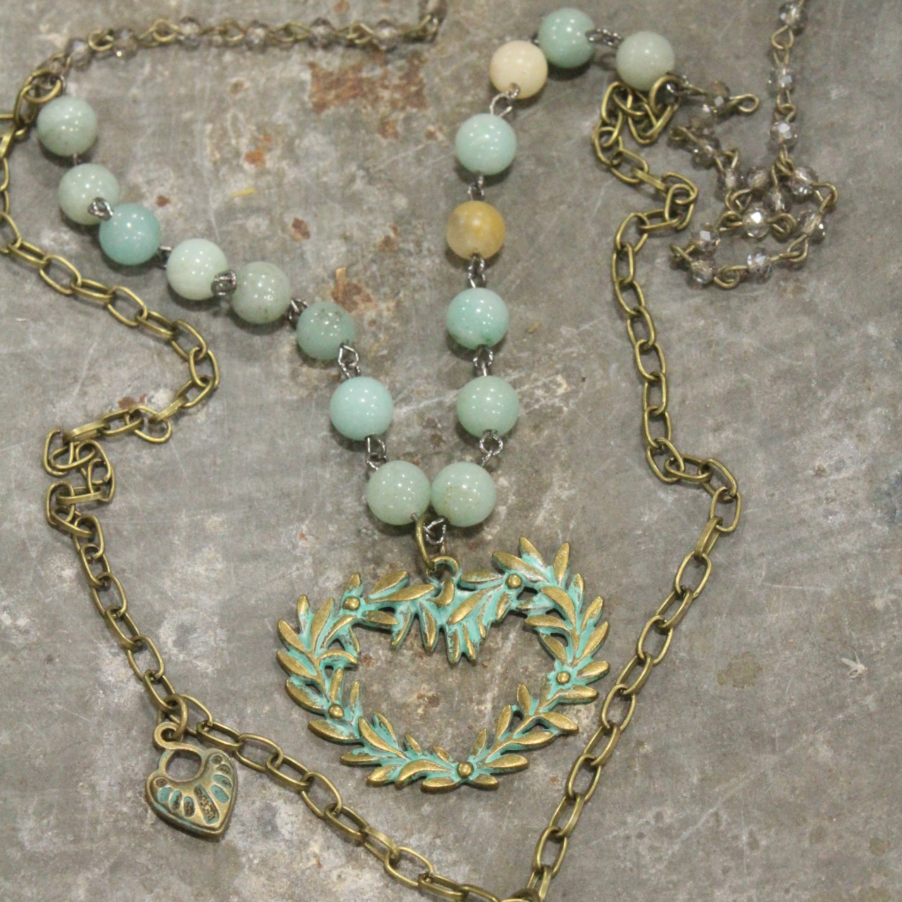 Verdigris Heart Branch Amazonite Double Layer Necklace