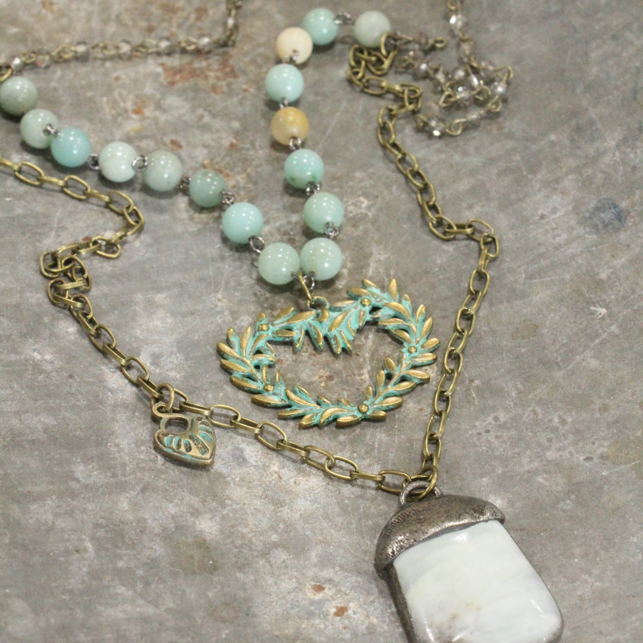 Verdigris Heart Branch Amazonite Double Layer Necklace