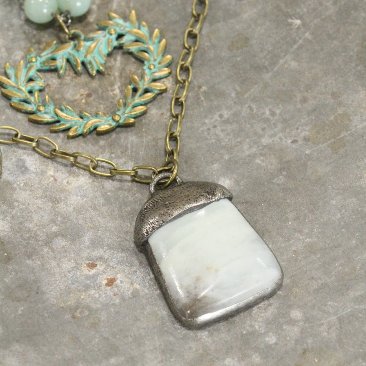 Verdigris Heart Branch Amazonite Double Layer Necklace