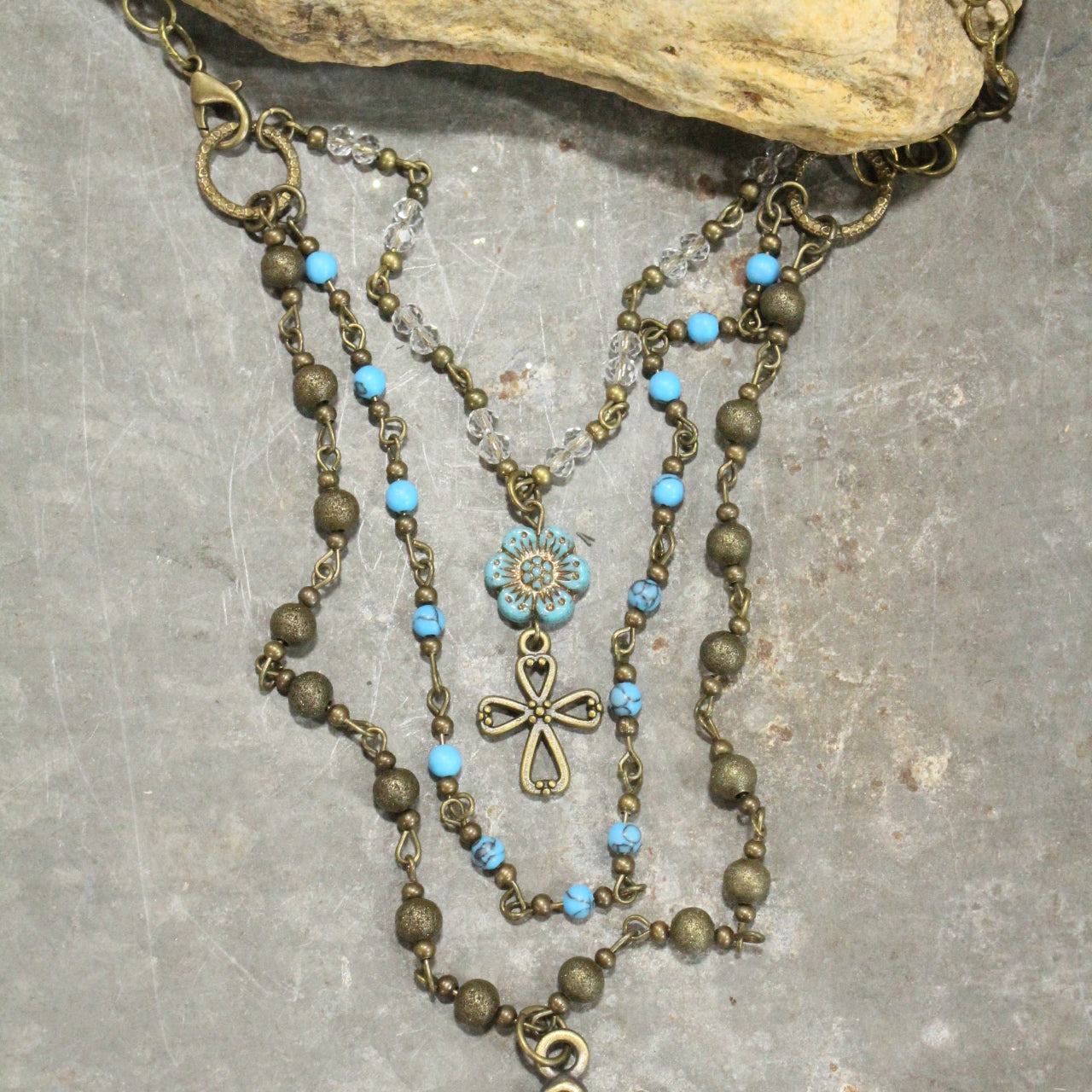 Vintage Bronze Cross Denim Czech Pendant Layered Necklace