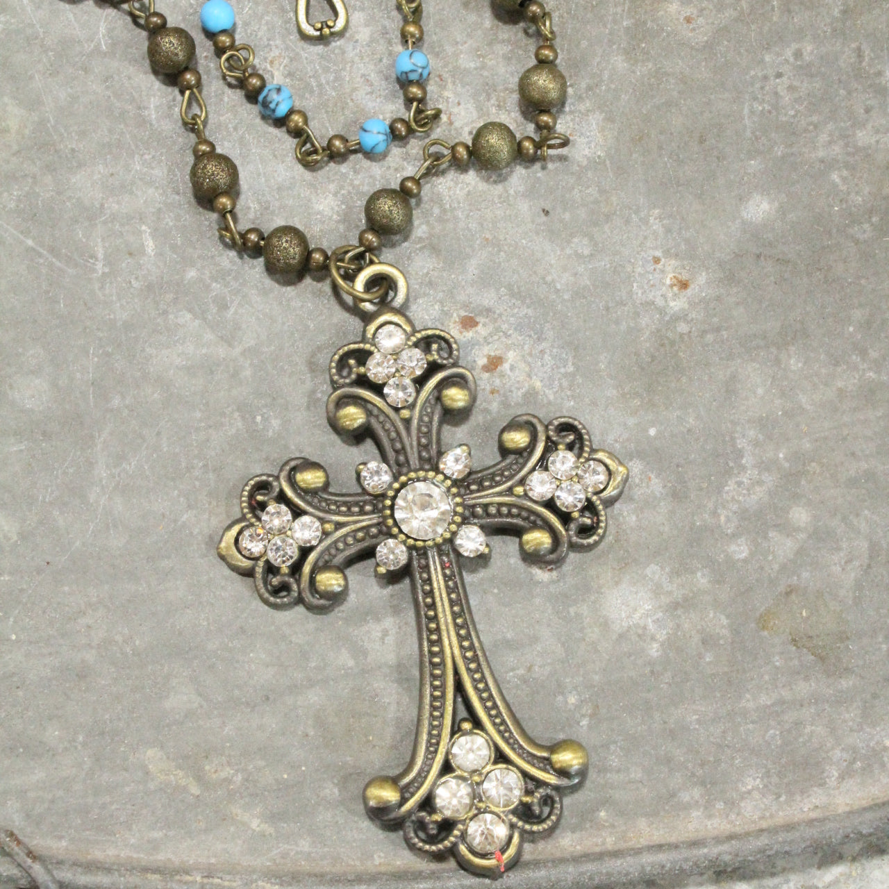 Vintage Bronze Cross Denim Czech Pendant Layered Necklace