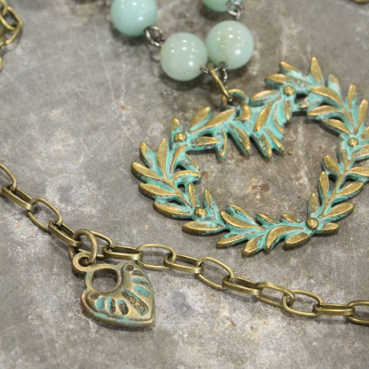 Verdigris Heart Branch Amazonite Double Layer Necklace