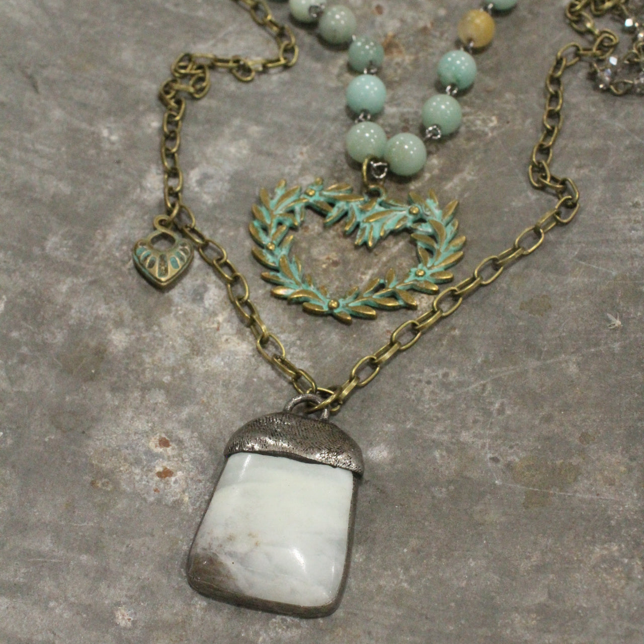 Verdigris Heart Branch Amazonite Double Layer Necklace