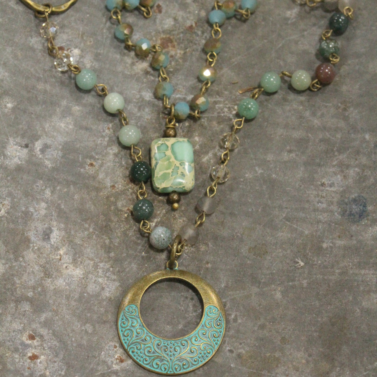 Mint & Bronze Beaded Rosary Double Layer Necklace