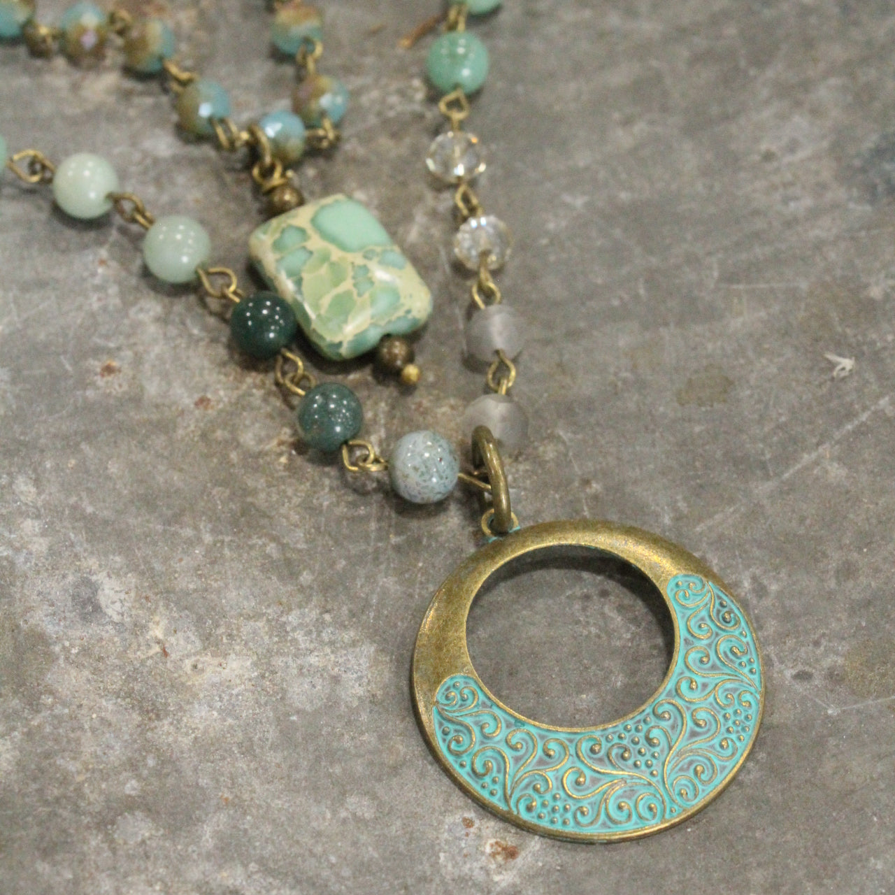 Mint & Bronze Beaded Rosary Double Layer Necklace