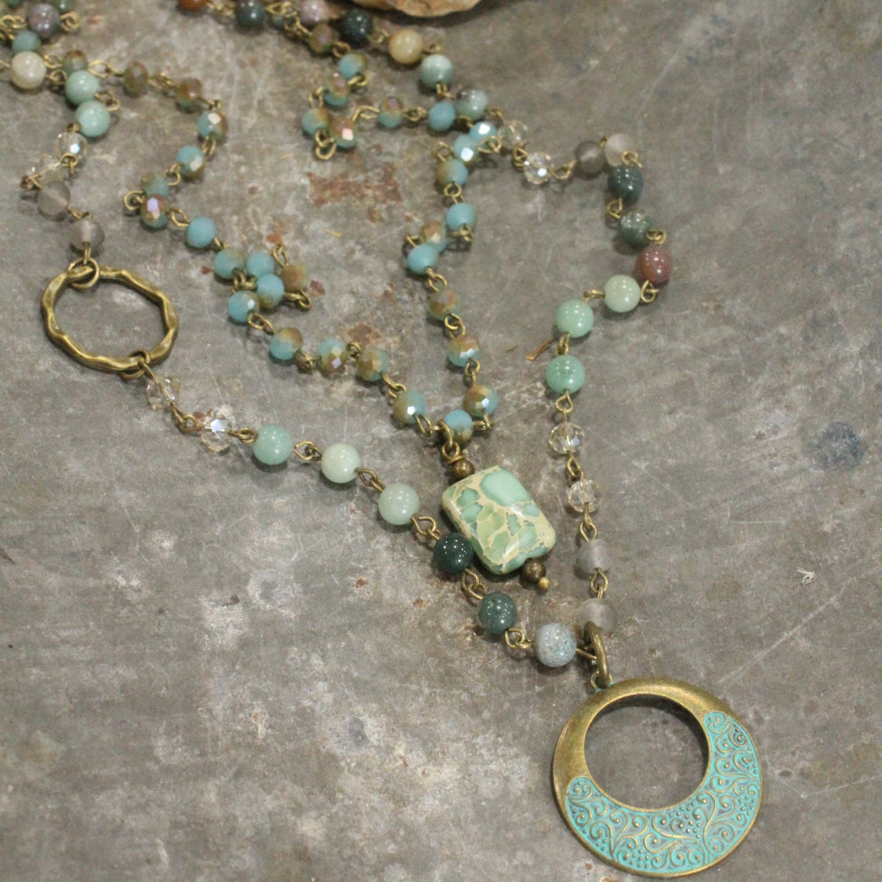 Mint & Bronze Beaded Rosary Double Layer Necklace