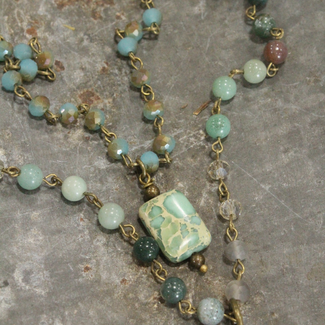 Mint & Bronze Beaded Rosary Double Layer Necklace