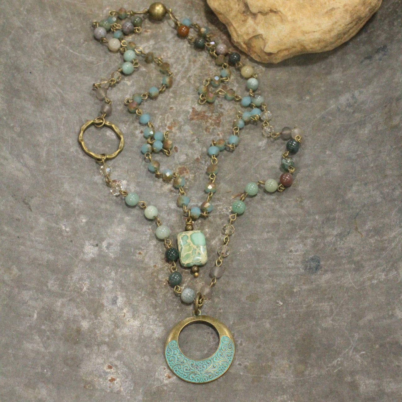 Mint & Bronze Beaded Rosary Double Layer Necklace