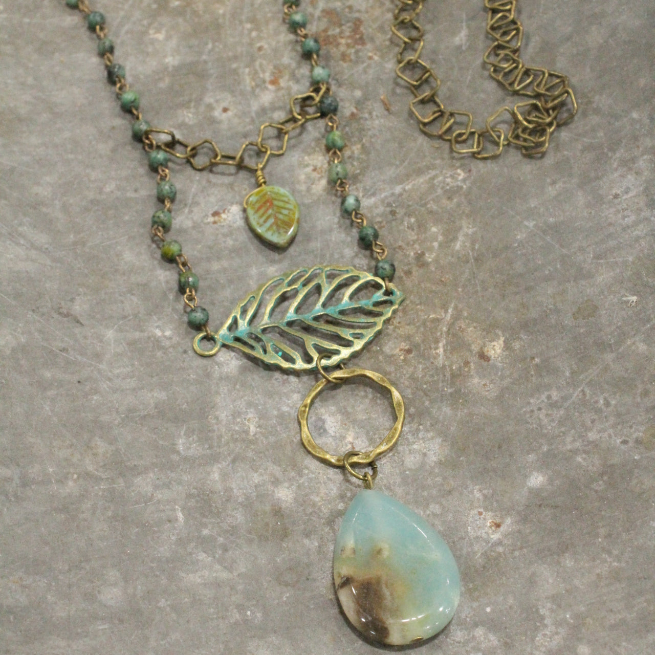 Fall Leaves & Jade Stone Drop Necklace