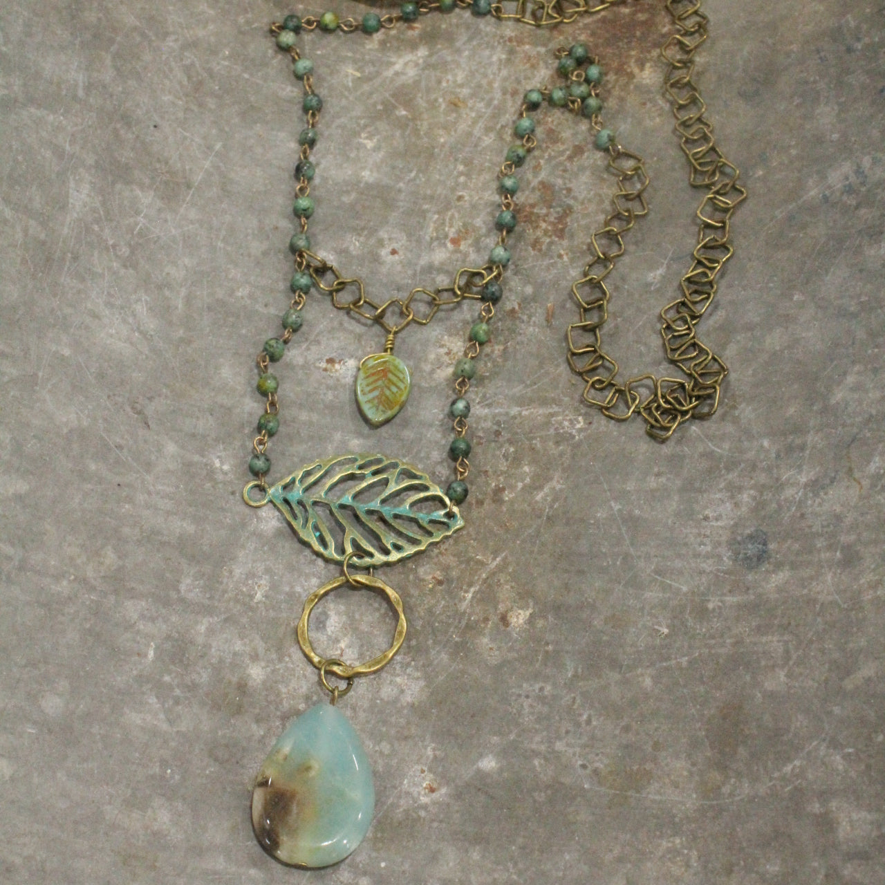 Fall Leaves & Jade Stone Drop Necklace