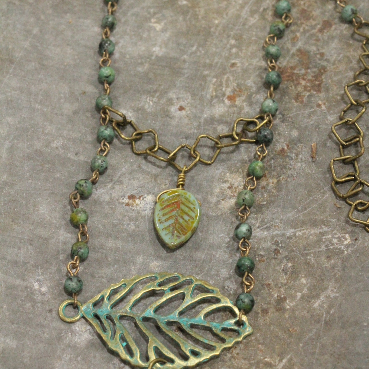 Fall Leaves & Jade Stone Drop Necklace