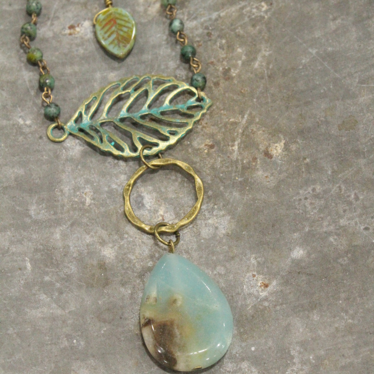 Fall Leaves & Jade Stone Drop Necklace