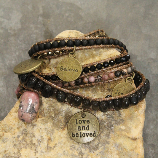 Leather & Blushin' Black Natural Stones With Charm Embellishments Wrap Bracelet