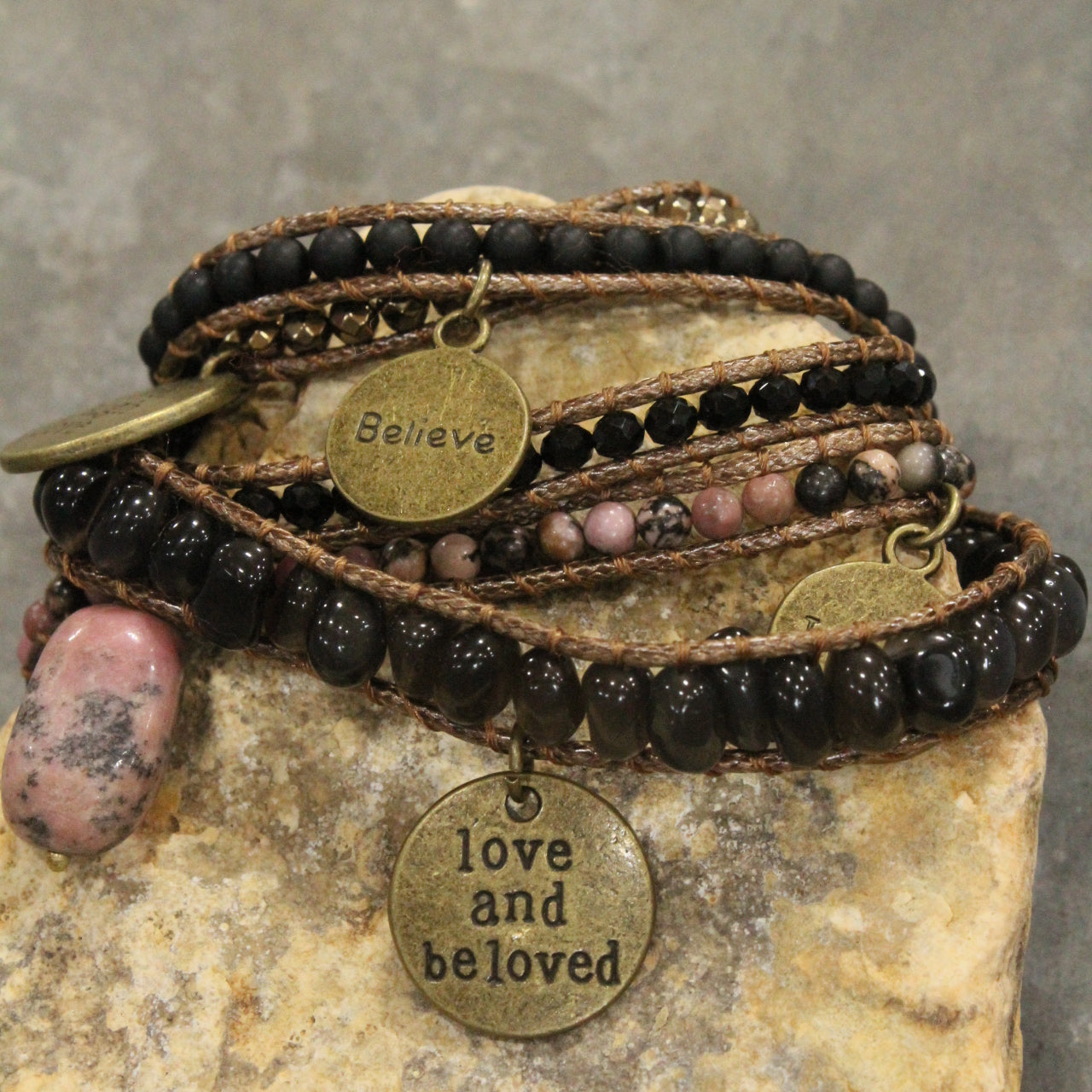 Leather & Blushin' Black Natural Stones With Charm Embellishments Wrap Bracelet