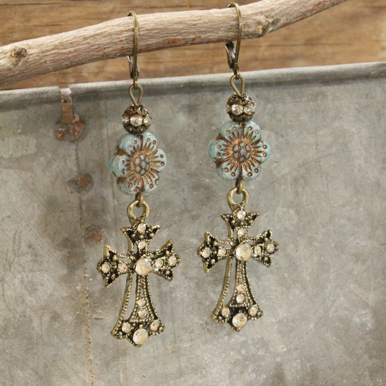 Vintage Bronze Cross & Denim Czech Dangle Earrings
