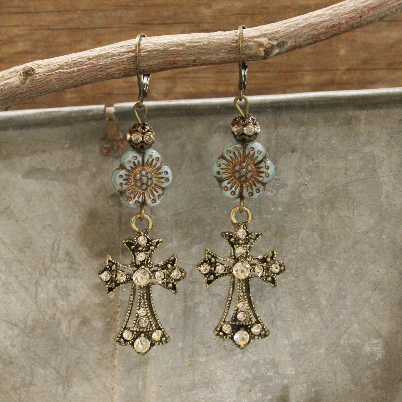 Vintage Bronze Cross & Denim Czech Dangle Earrings