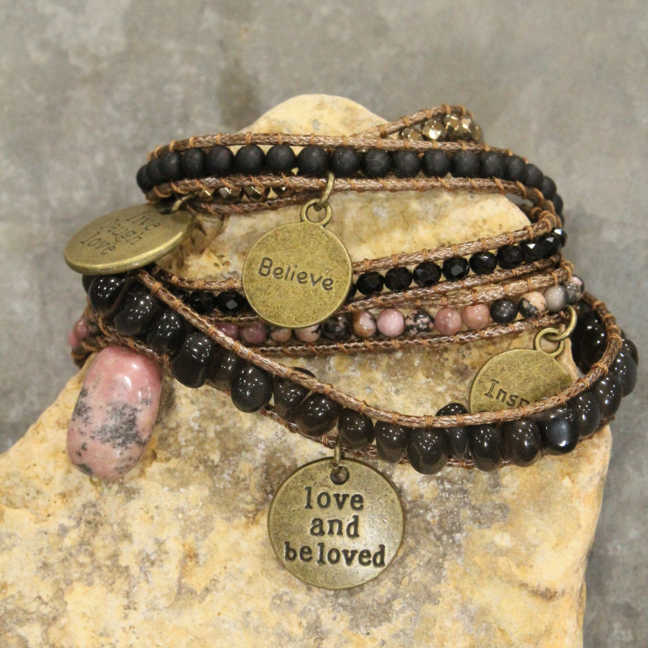 Leather & Blushin' Black Natural Stones With Charm Embellishments Wrap Bracelet