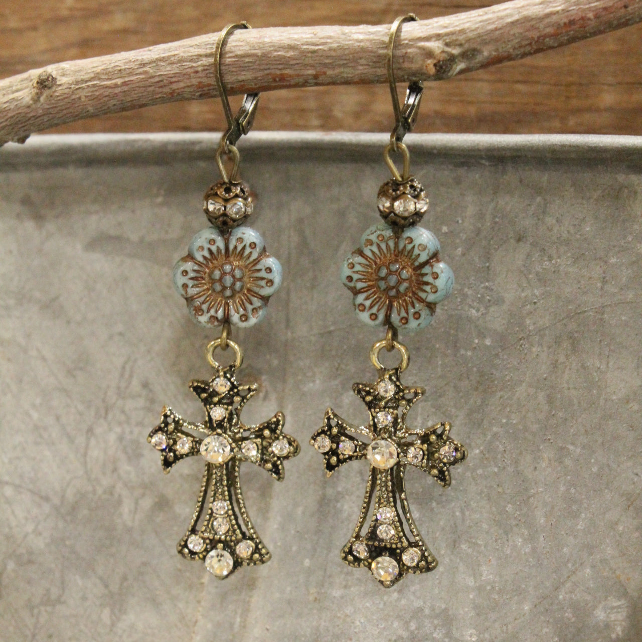 Vintage Bronze Cross & Denim Czech Dangle Earrings