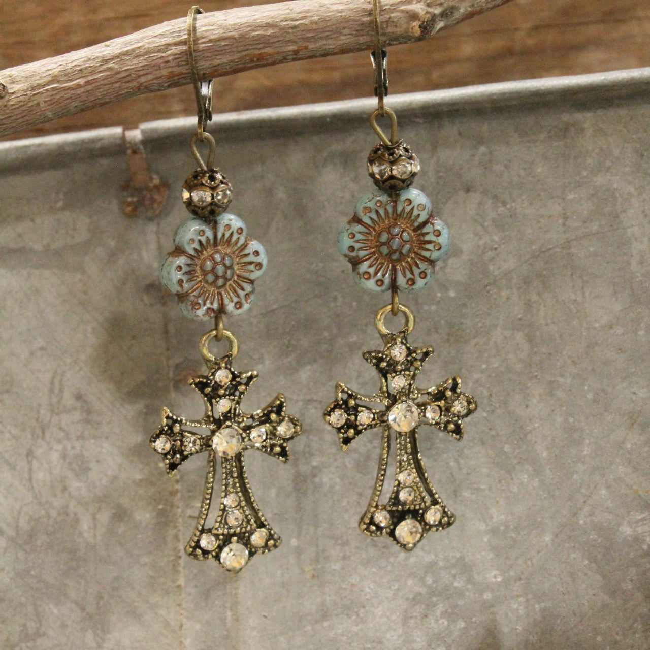 Vintage Bronze Cross & Denim Czech Dangle Earrings