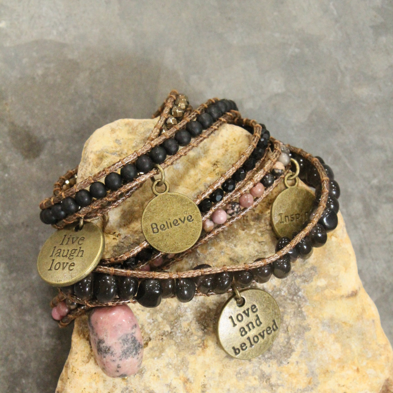 Leather & Blushin' Black Natural Stones With Charm Embellishments Wrap Bracelet