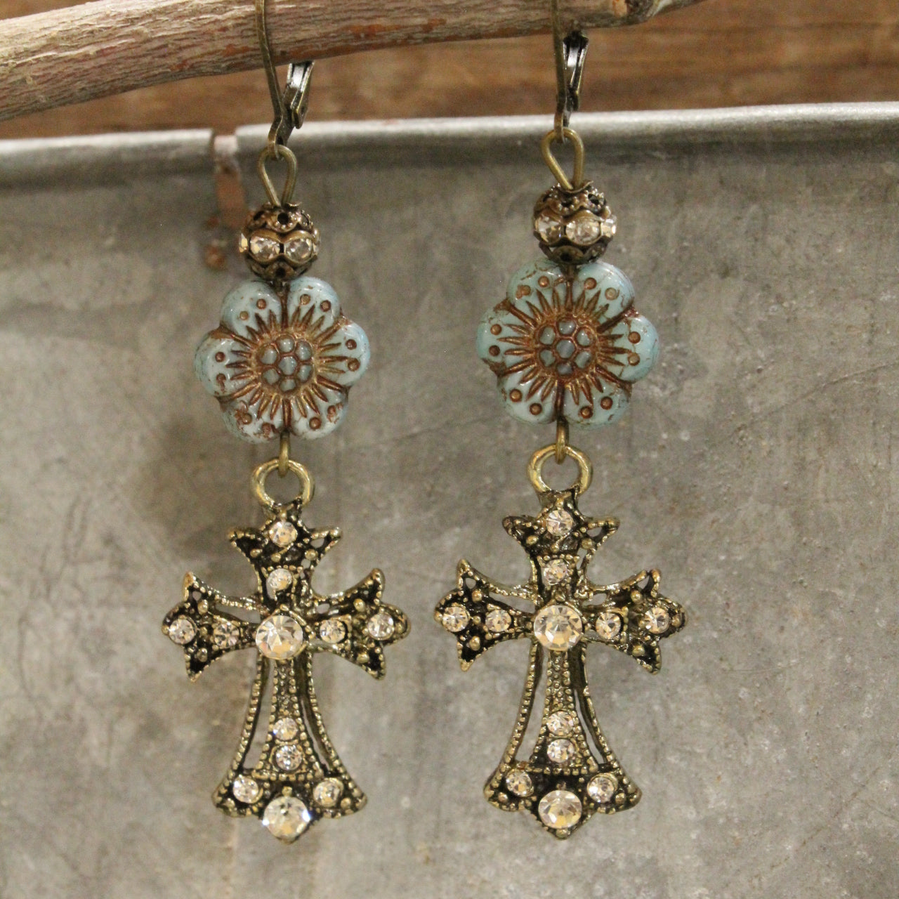 Vintage Bronze Cross & Denim Czech Dangle Earrings