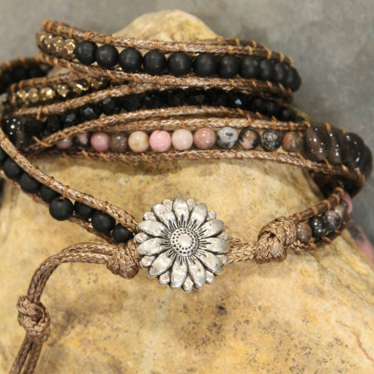 Leather & Blushin' Black Natural Stones With Charm Embellishments Wrap Bracelet