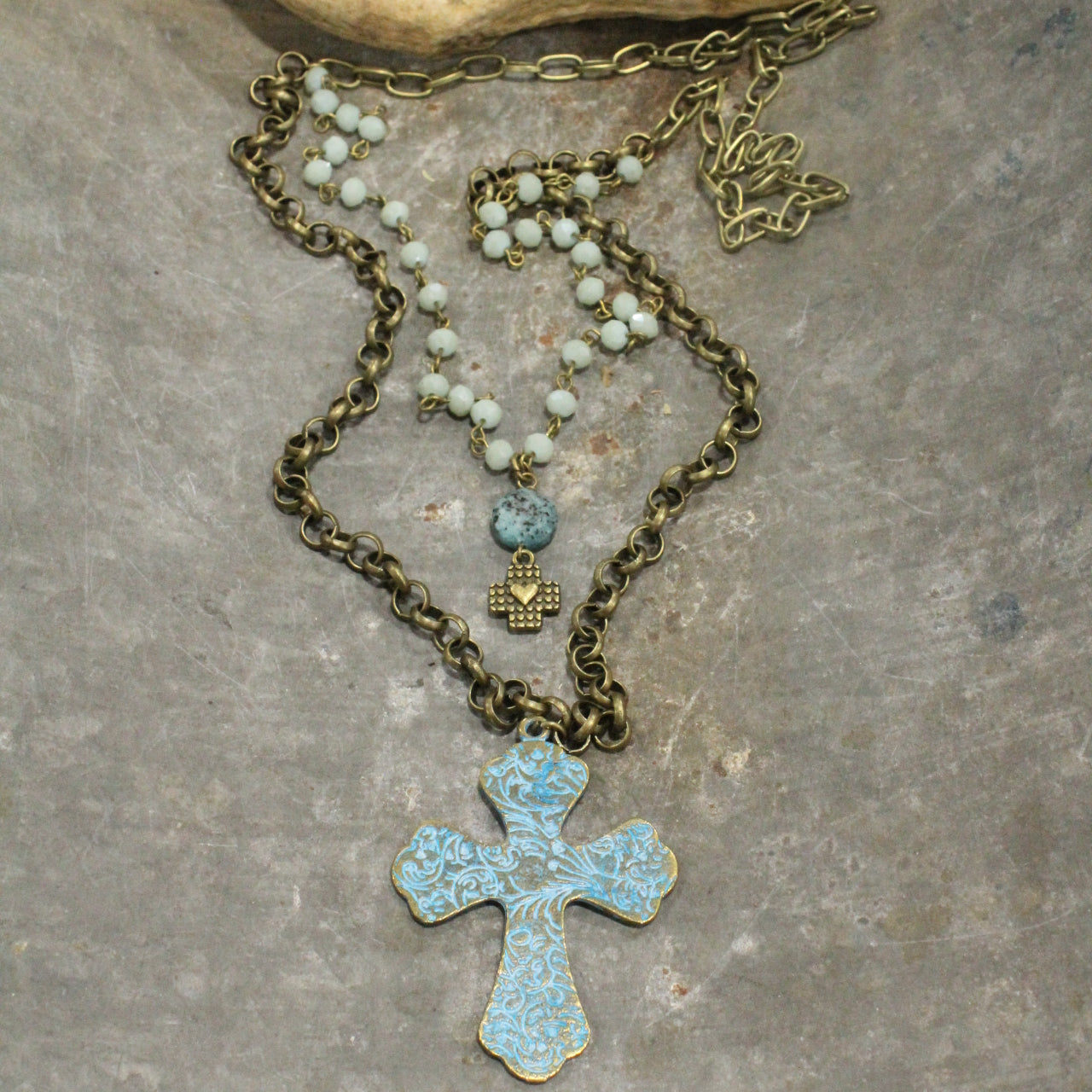 Turquoise & Bronze Cross Pendant Double Layer Necklace