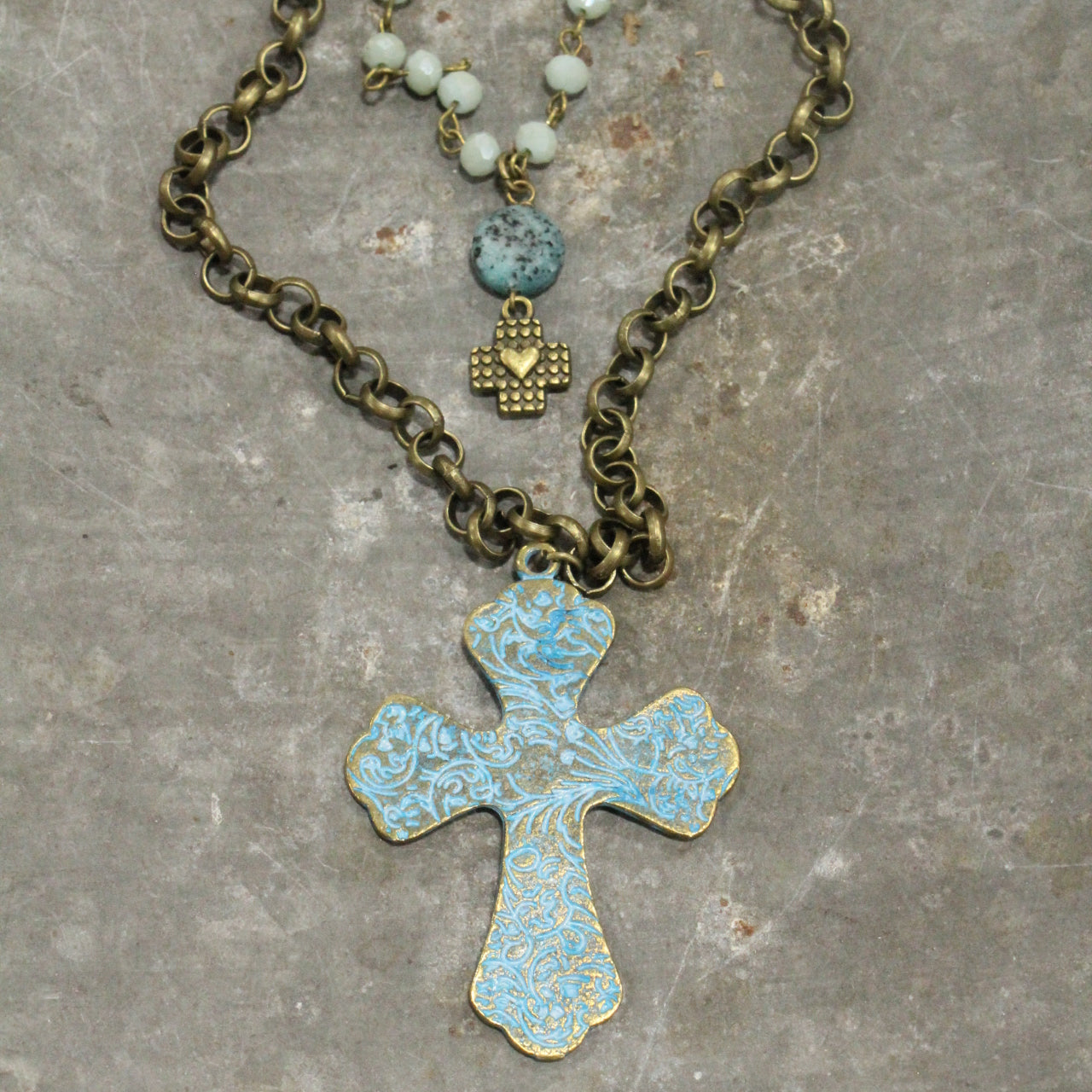 Turquoise & Bronze Cross Pendant Double Layer Necklace