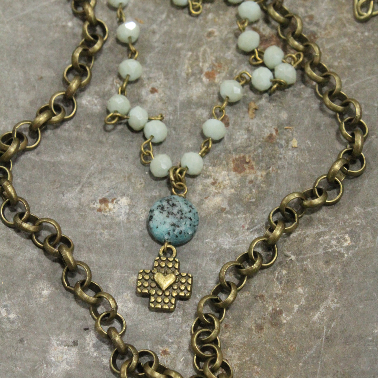 Turquoise & Bronze Cross Pendant Double Layer Necklace