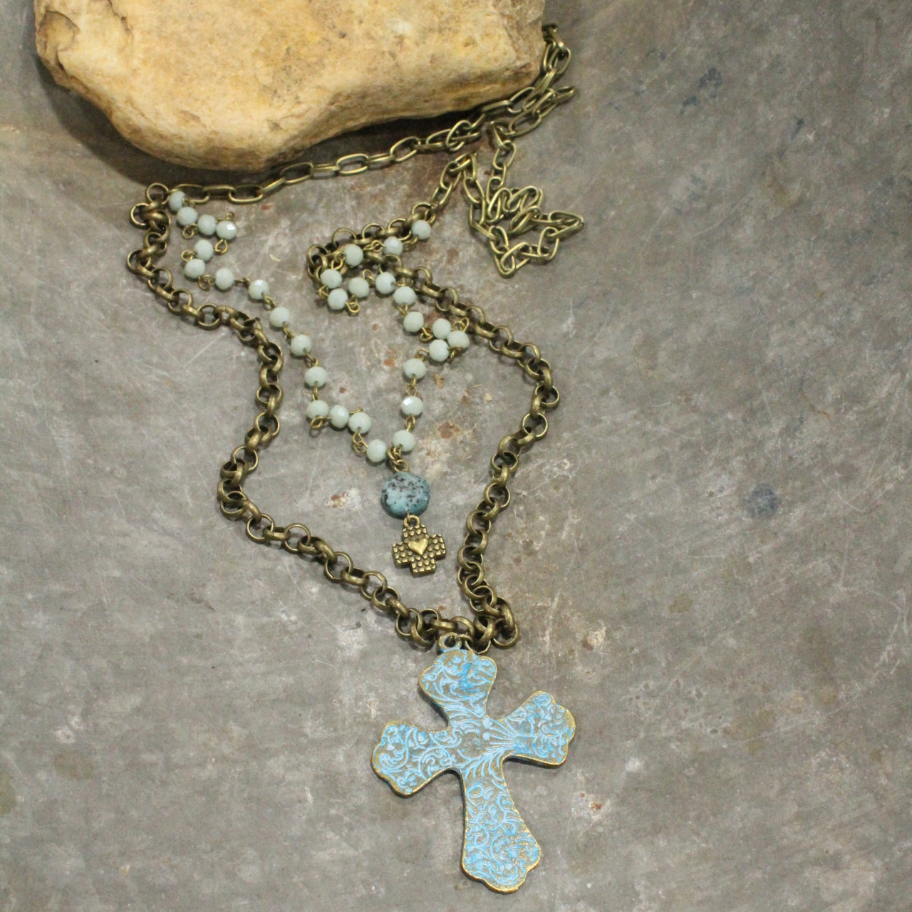 Turquoise & Bronze Cross Pendant Double Layer Necklace