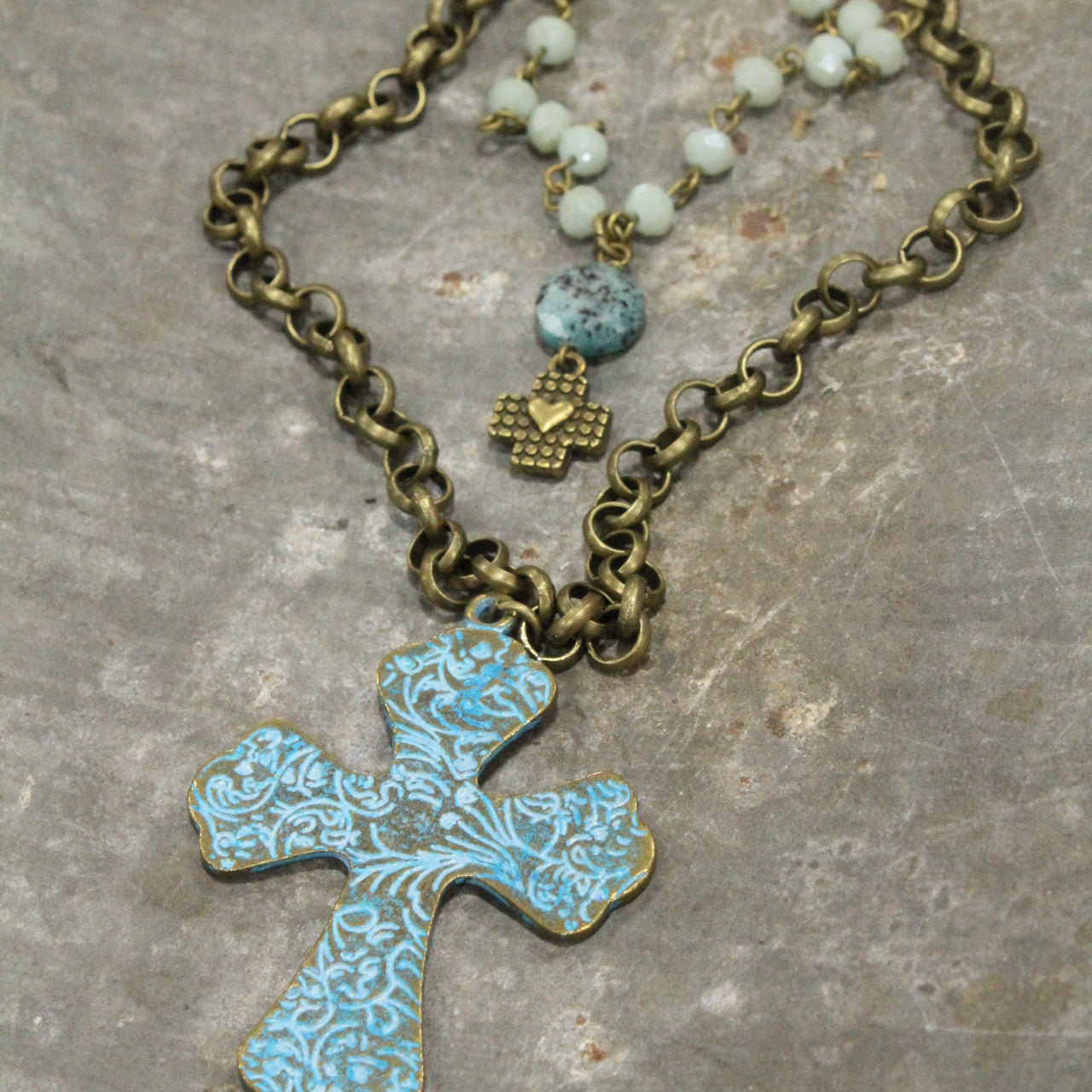 Turquoise & Bronze Cross Pendant Double Layer Necklace