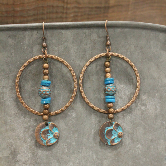 Turquoise & Copper Flower Pendant Dangle Earrings