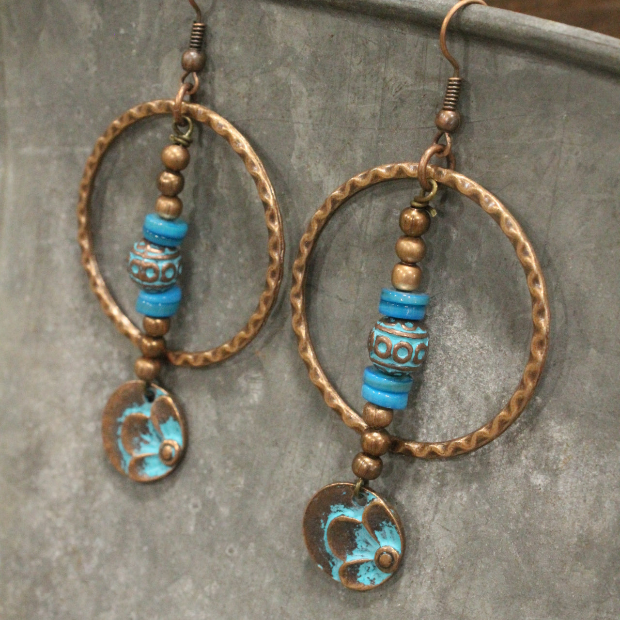 Turquoise & Copper Flower Pendant Dangle Earrings