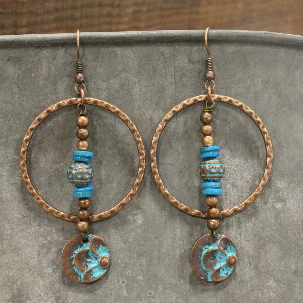 Turquoise & Copper Flower Pendant Dangle Earrings