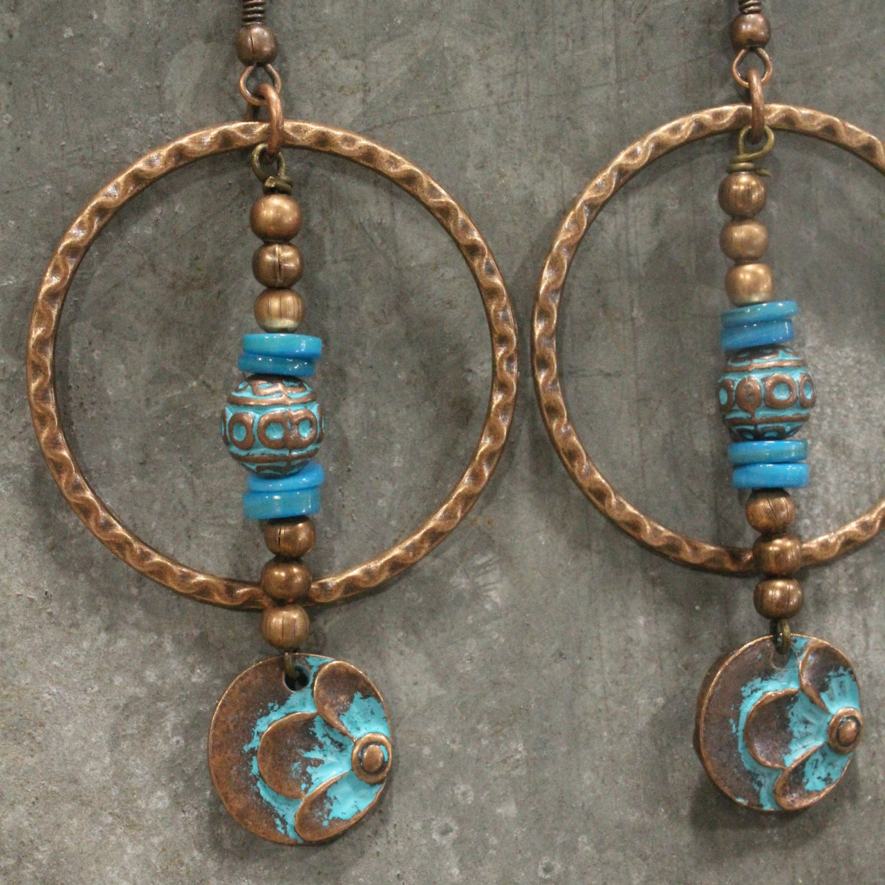 Turquoise & Copper Flower Pendant Dangle Earrings