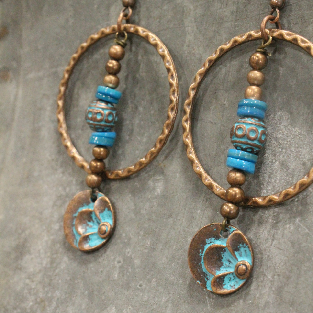 Turquoise & Copper Flower Pendant Dangle Earrings