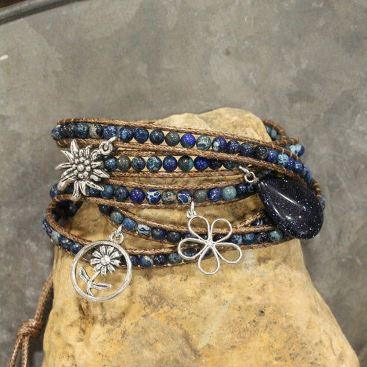 Leather & Shades Of Blue Stones With Charm Embellishments Wrap Bracelet