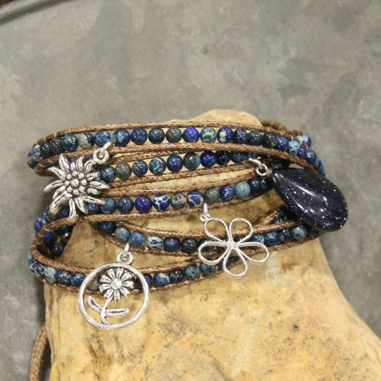 Leather & Shades Of Blue Stones With Charm Embellishments Wrap Bracelet