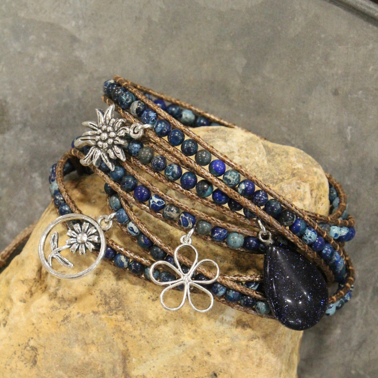 Leather & Shades Of Blue Stones With Charm Embellishments Wrap Bracelet