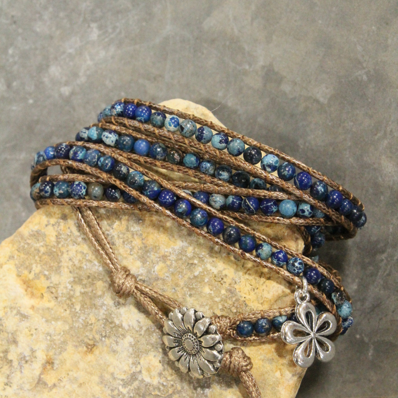 Leather & Shades Of Blue Stones With Charm Embellishments Wrap Bracelet