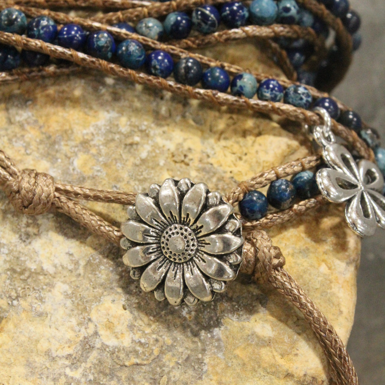 Leather & Shades Of Blue Stones With Charm Embellishments Wrap Bracelet