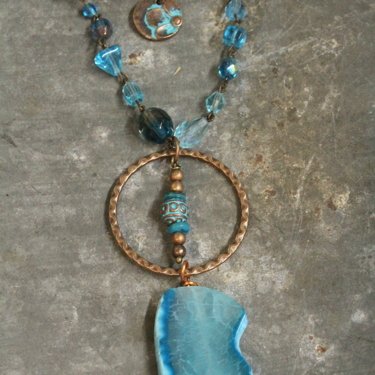 Turquoise & Copper Flower Pendant Double Layer Necklace