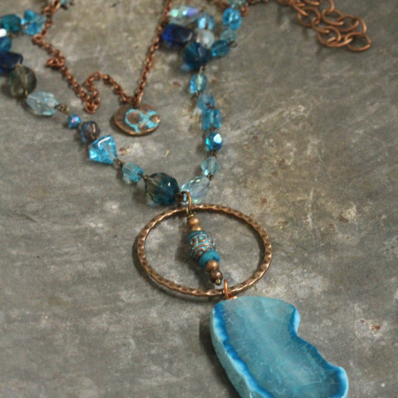 Turquoise & Copper Flower Pendant Double Layer Necklace