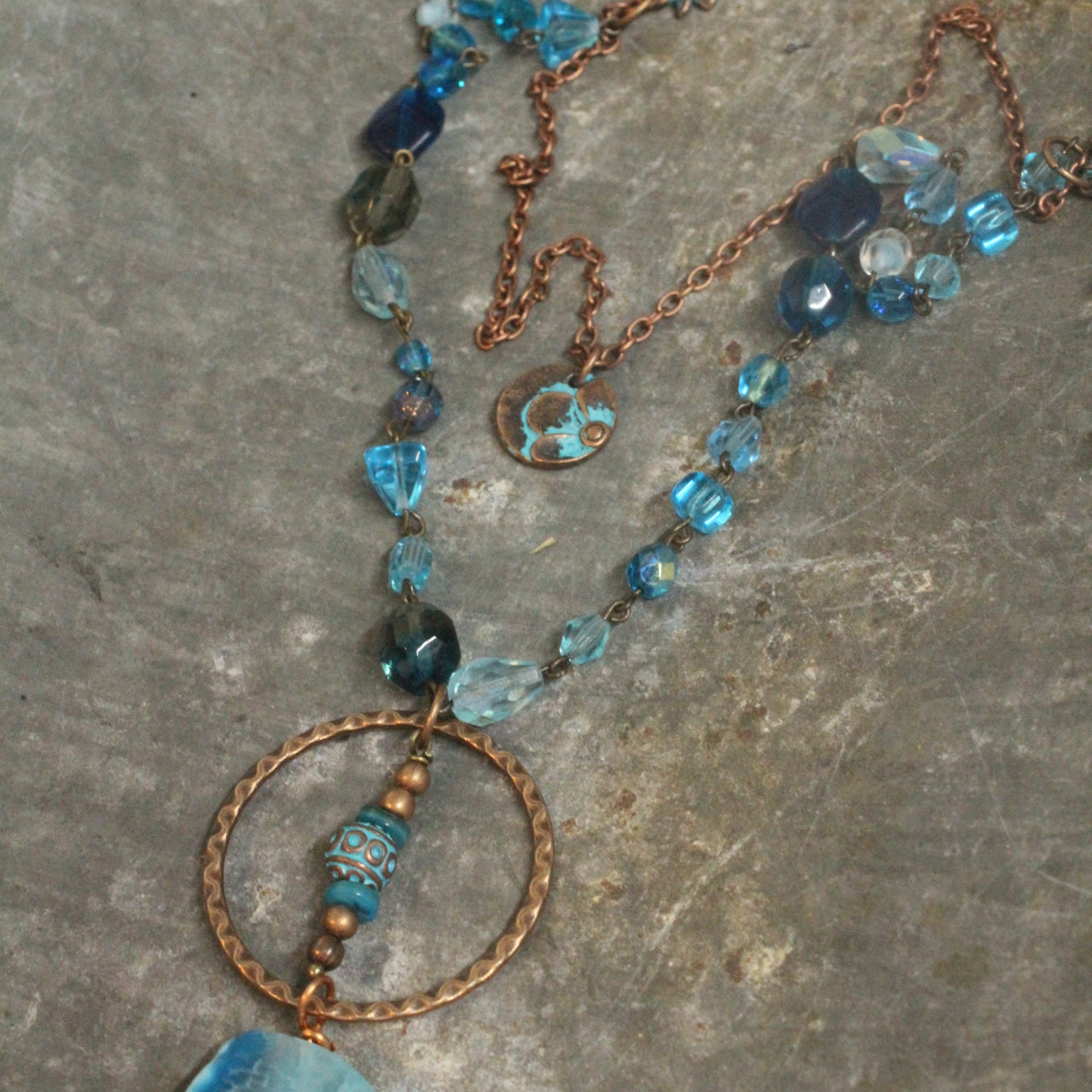 Turquoise & Copper Flower Pendant Double Layer Necklace