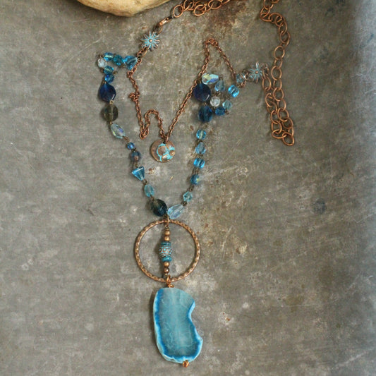 Turquoise & Copper Flower Pendant Double Layer Necklace