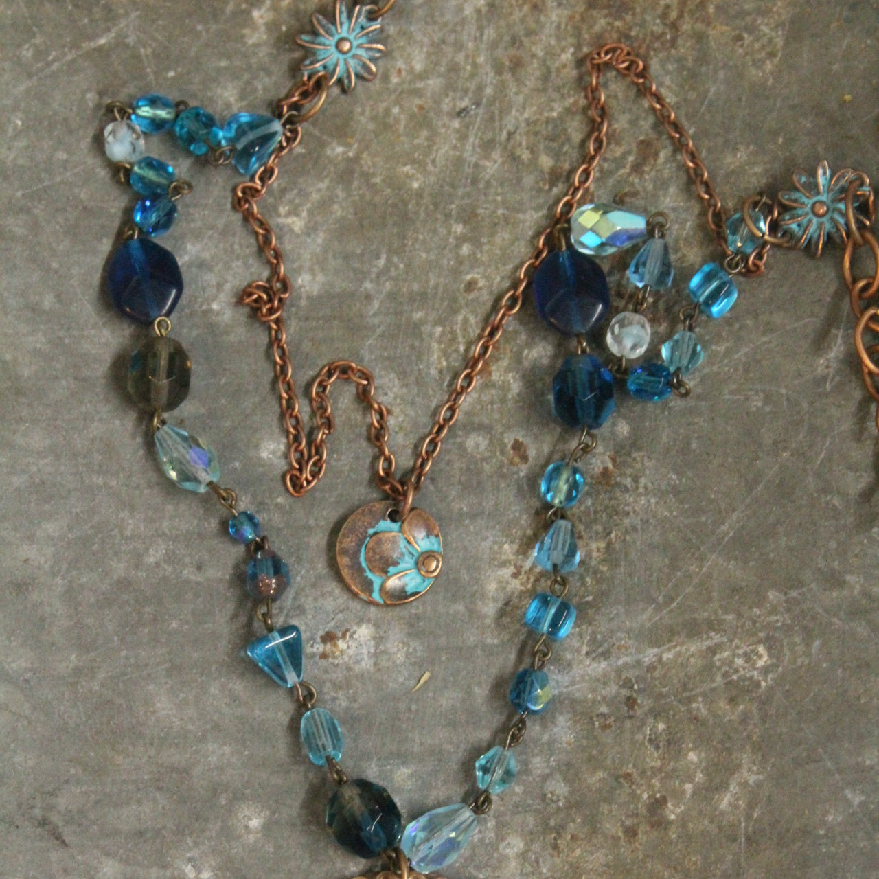 Turquoise & Copper Flower Pendant Double Layer Necklace