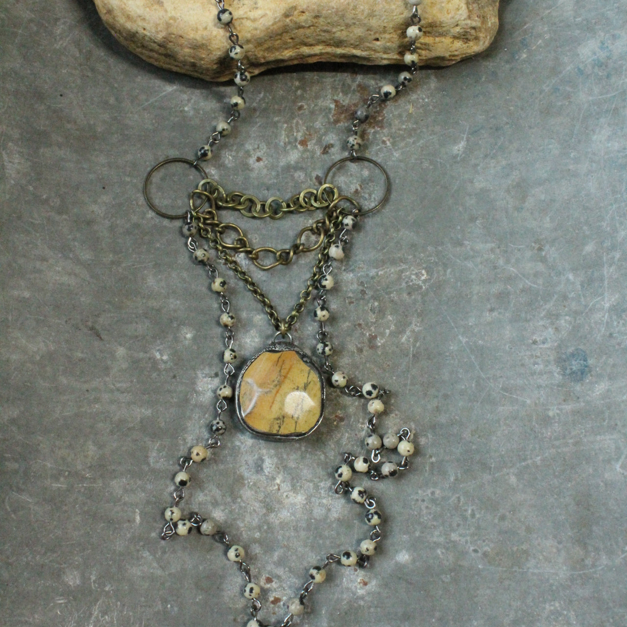 Dalmatian Jasper Rosary Stone Layered Pendant Necklace