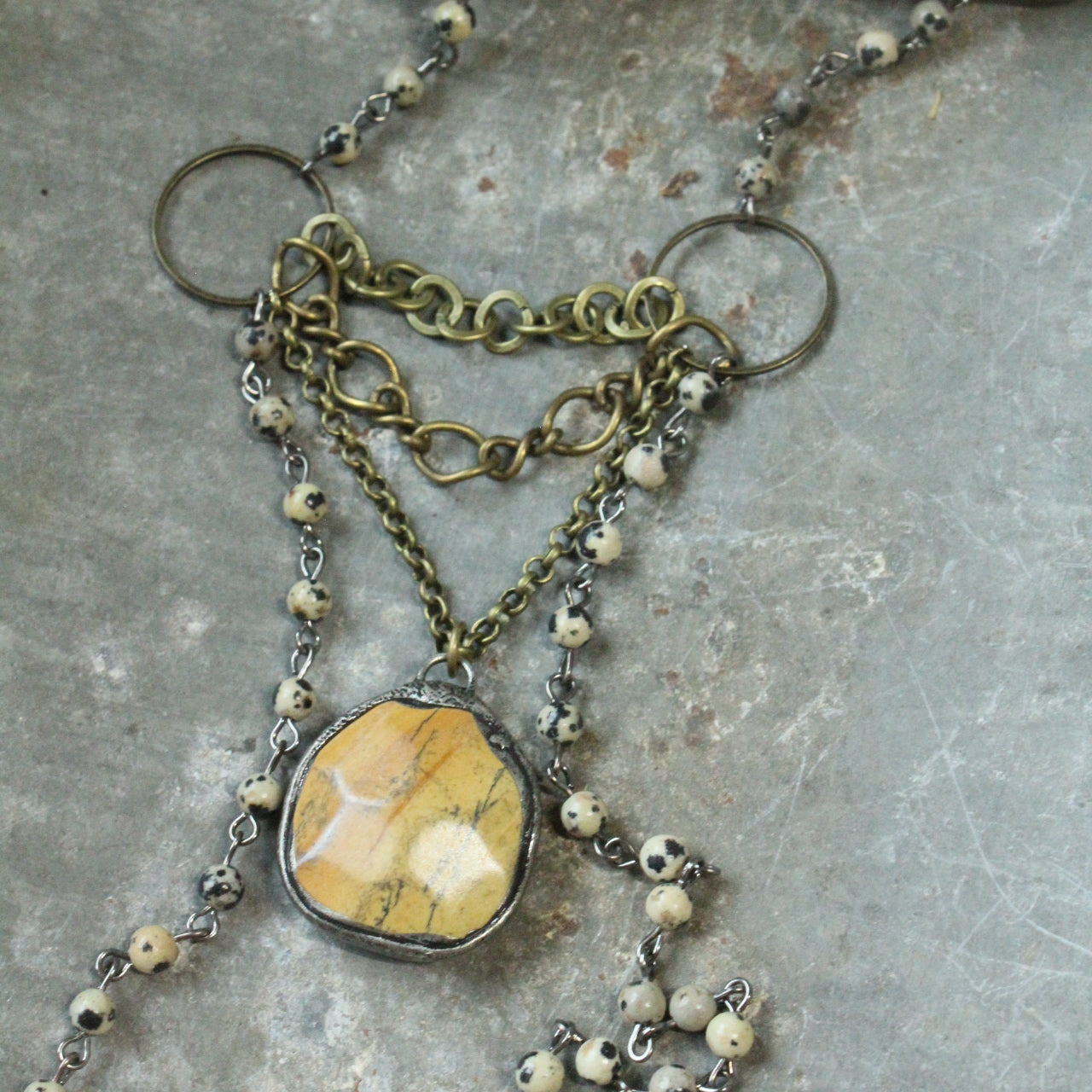 Dalmatian Jasper Rosary Stone Layered Pendant Necklace