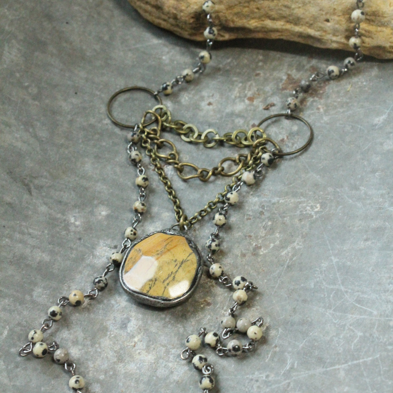 Dalmatian Jasper Rosary Stone Layered Pendant Necklace